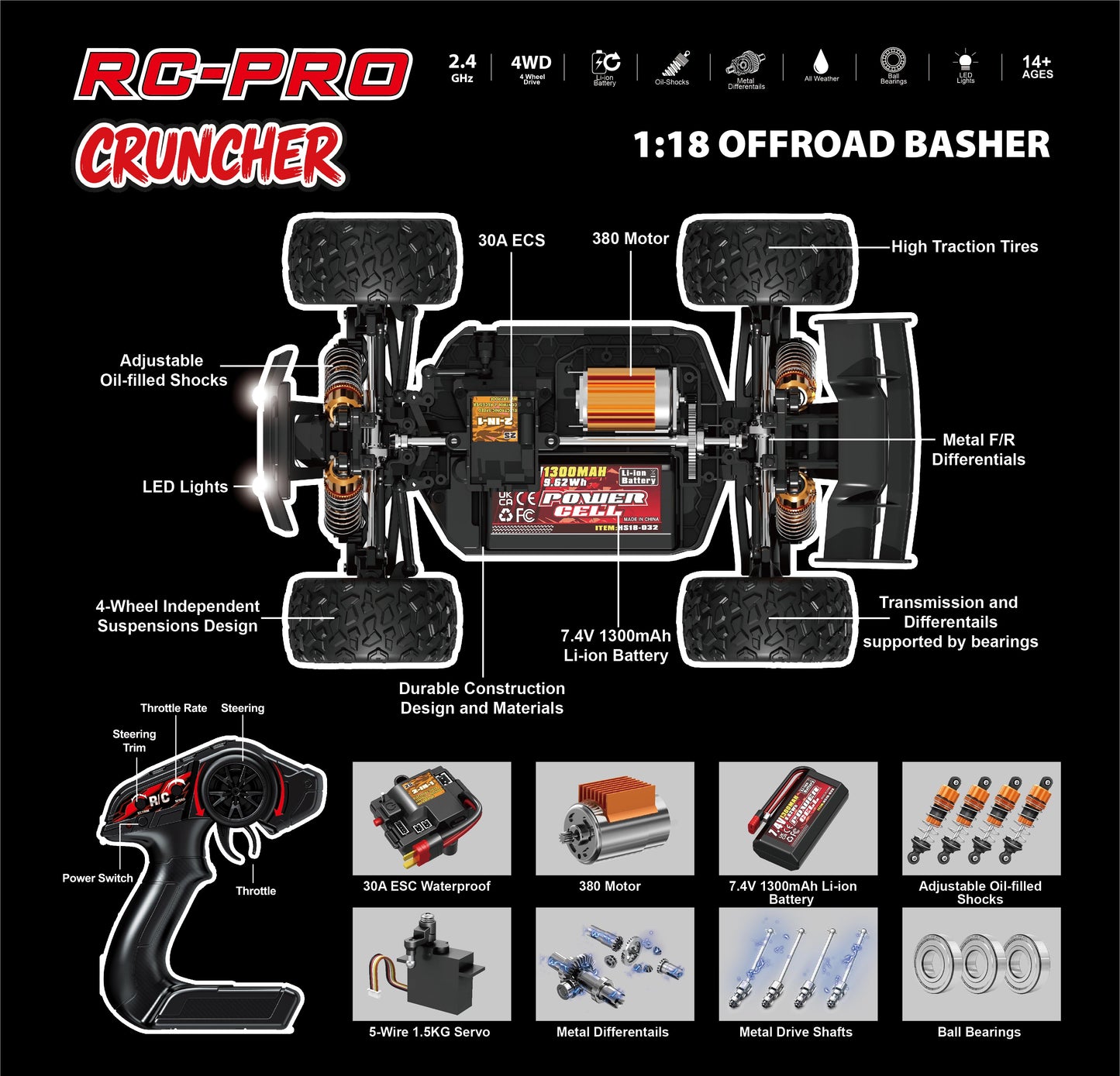 CRUNCHER – 1/18 RC truck with metal drive shaft, metal diffs and oil shocks